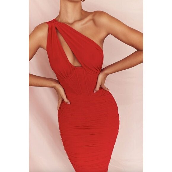 HOUSE OF CB Valentina Asymmetric Cutout One-Shoulder Midi Dress Scarlet X-Small - Picture 4 of 15